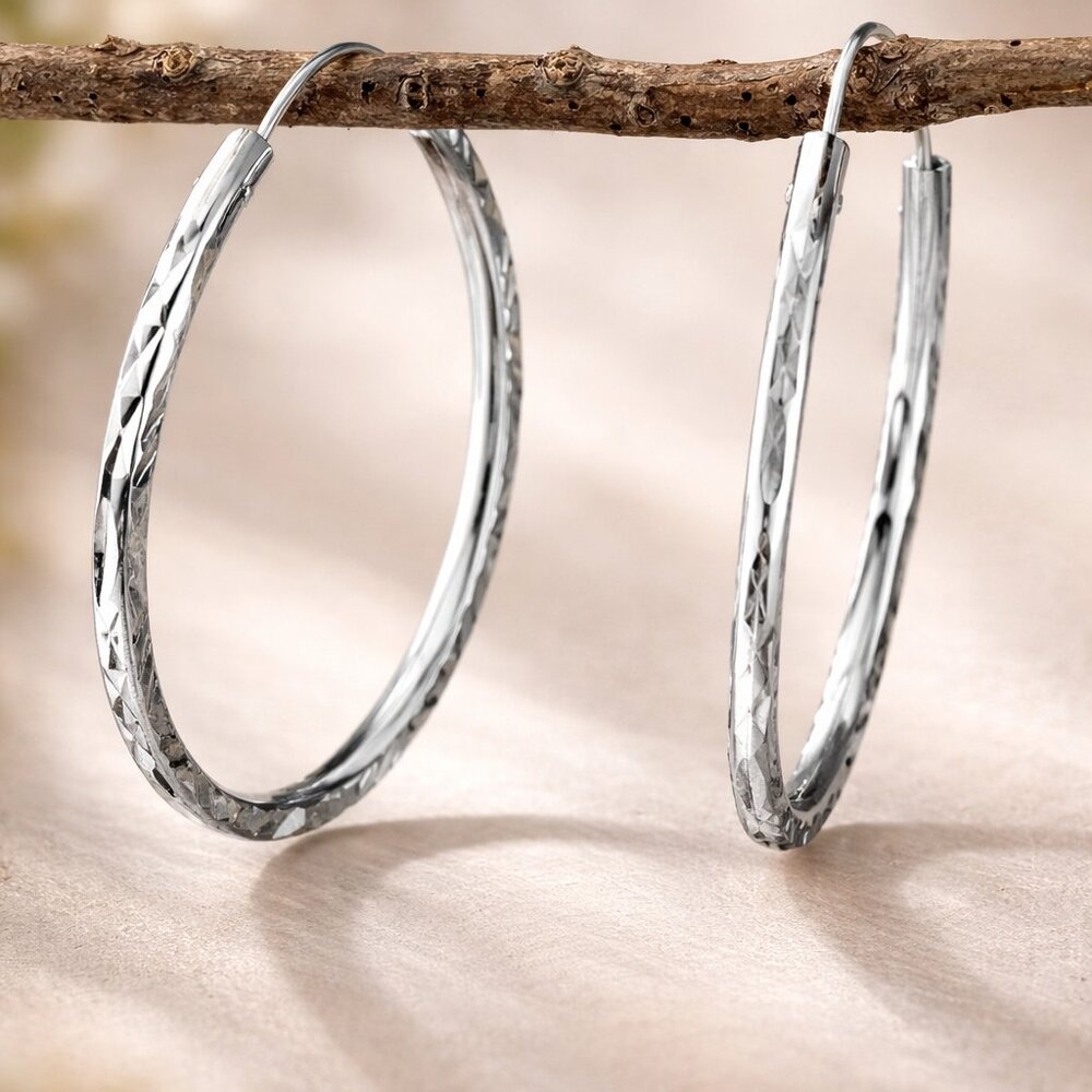 Sterling Silver Diamond Cut Hoop Earrings 36mm Classic Shine